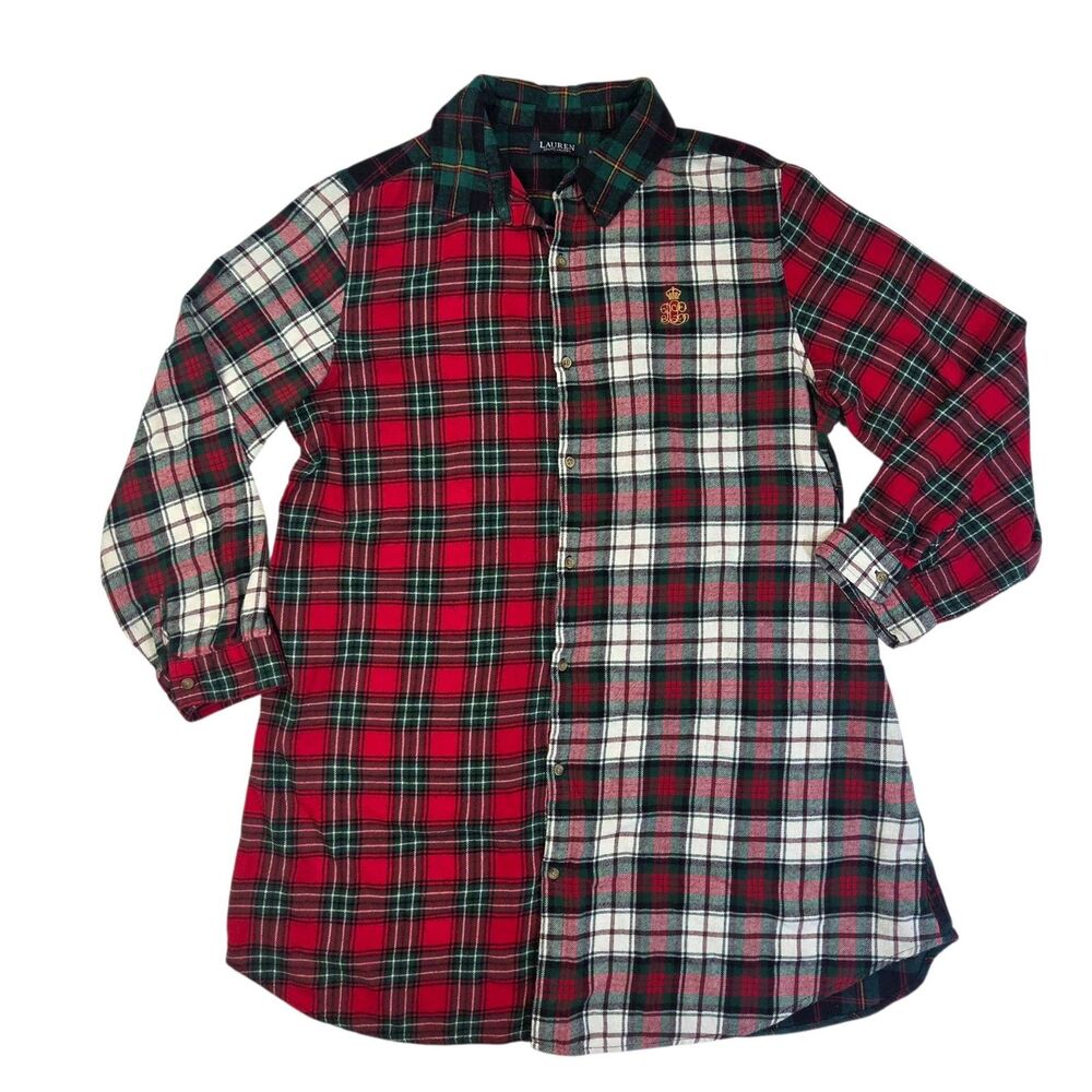 Lauren Ralph Lauren Plaid Patchwork Flannel Button Up Tunic Shirt Women XL Green